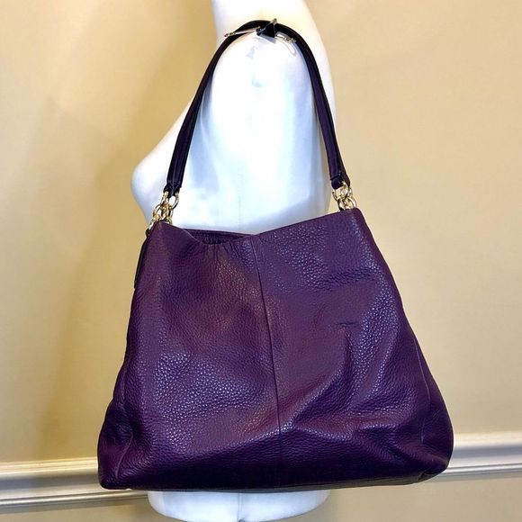 COACH Madison Phoebe Tumbled Purple Leather Purple Lining 3 Section Shoulder Bag - Picture 1 of 16